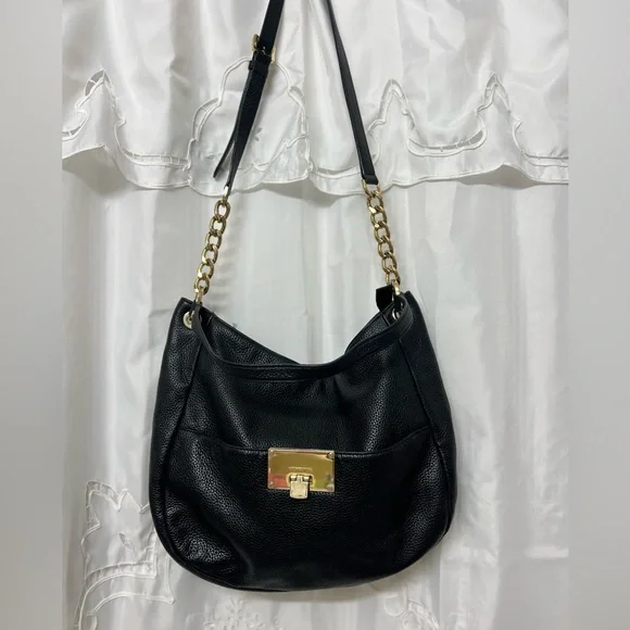 Michael Kors Bedford Large Black Pebbled Leather Shoulder Bag Gold Chain Hobo - Picture 6 of 13